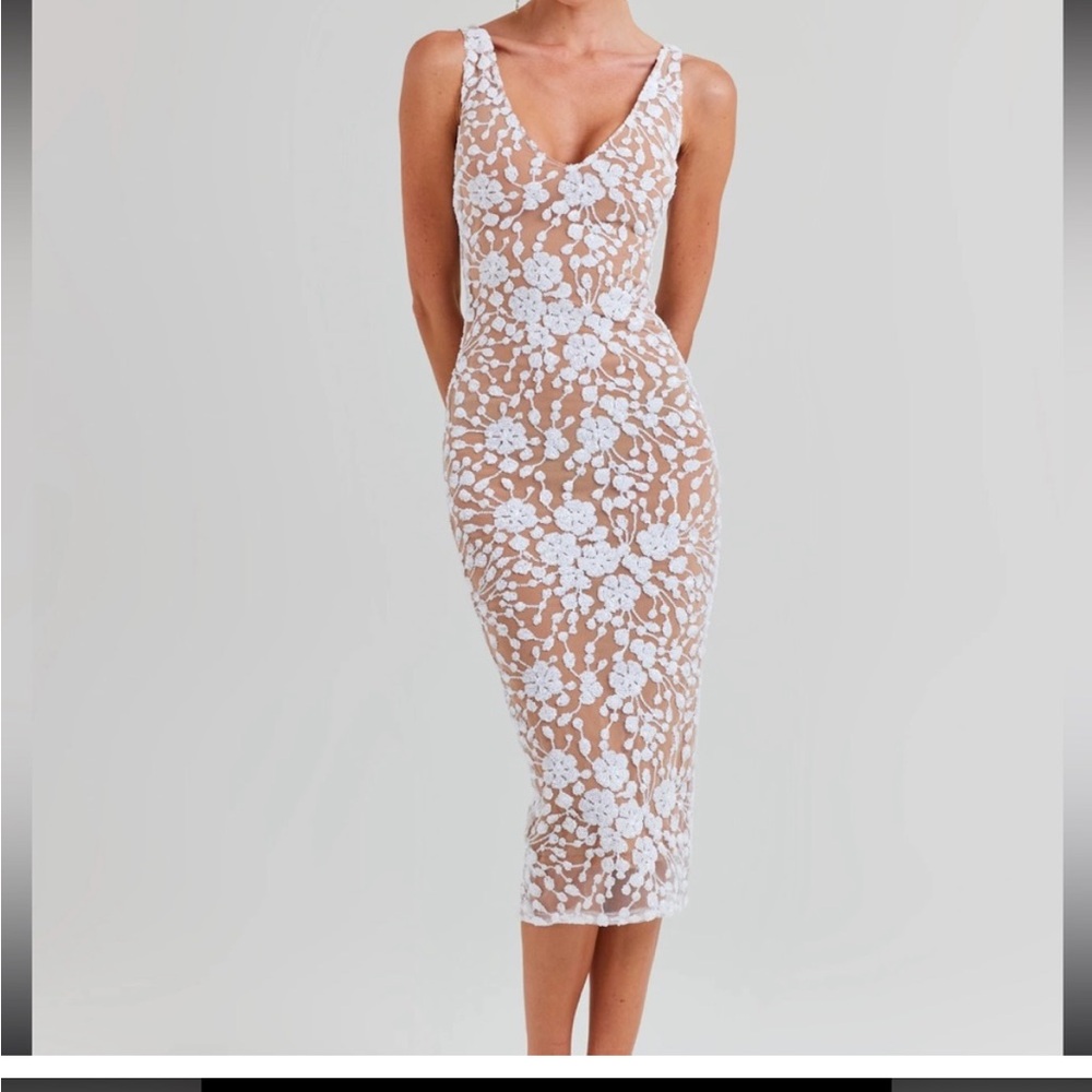 NADINE MERABI White Floral Lace Overlay Nude Bodycon Midi Dress